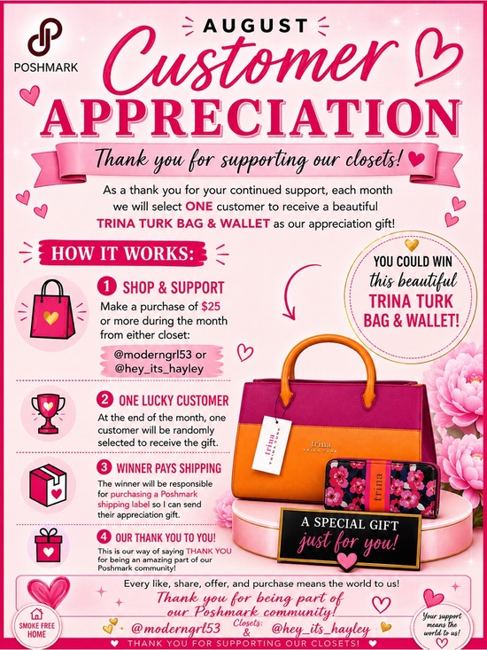 Trina Turk Handbags - AUGUST CUSTOMER APPRECIATION GIVEAWAY with @moderngrl53 & @hey_its_hayley 💖💖💖